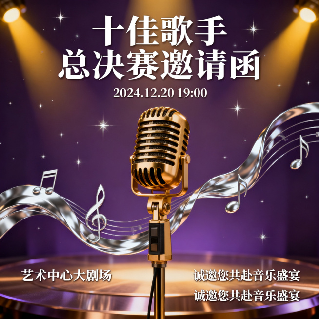 设计一份十佳歌手总决赛邀请函，典雅音乐风格，带有麦克风和音符元素，整体大气高级，包含主标题文字"十佳歌手总决赛邀请函"，搭配星光和舞台灯光效果预览效果