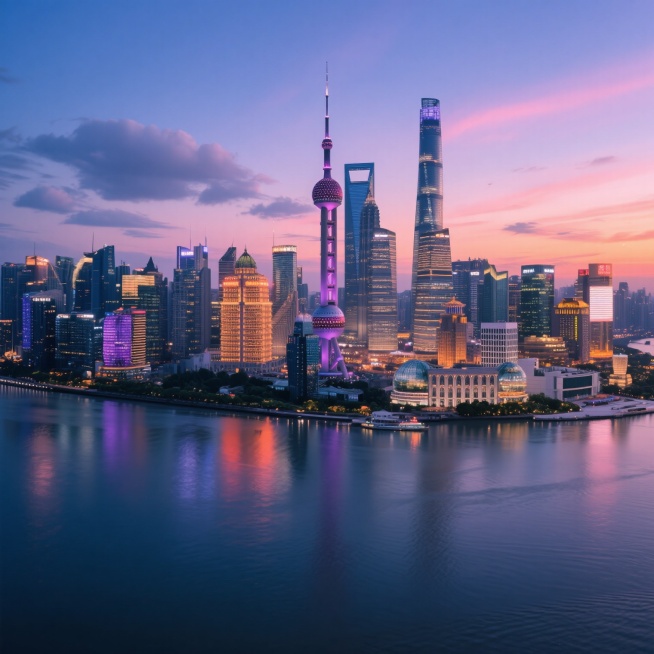 上海黄浦江畔的城市天际线全景，以东方明珠电视塔为视觉中心，周围环绕着上海环球金融中心、金茂大厦等标志性摩天大楼，建筑群在日落时分的蓝紫色渐变天空与橙粉色晚霞映照下灯火璀璨，江面波光粼粼倒映着建筑灯光，采用写实主义摄影风格，高动态范围(HDR)处理，清晰的建筑细节与柔和的天空云彩形成对比，广角航拍视角展现城市的繁华与现代感，整体色调以深蓝、紫色、橙色为主，营造出宁静而壮丽的都市黄昏氛围，视觉层次……预览效果