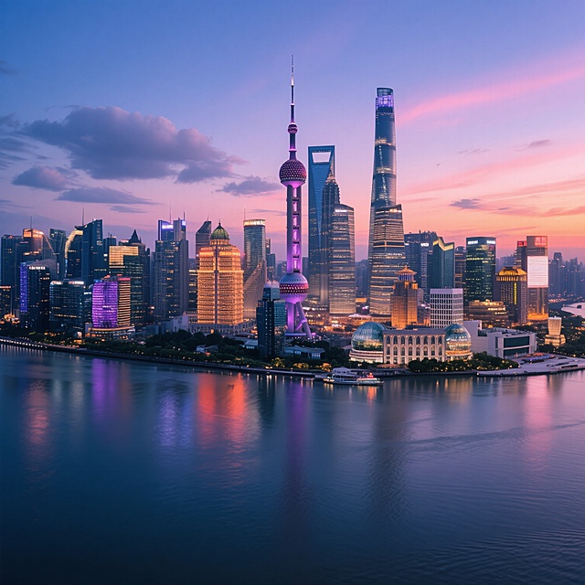 上海黄浦江畔的城市天际线全景，以东方明珠电视塔为视觉中心，周围环绕着上海环球金融中心、金茂大厦等标志性摩天大楼，建筑群在日落时分的蓝紫色渐变天空与橙粉色晚霞映照下灯火璀璨，江面波光粼粼倒映着建筑灯光，采用写实主义摄影风格，高动态范围(HDR)处理，清晰的建筑细节与柔和的天空云彩形成对比，广角航拍视角展现城市的繁华与现代感，整体色调以深蓝、紫色、橙色为主，营造出宁静而壮丽的都市黄昏氛围，视觉层次分明，主体建筑突出，信息传达直观，符合展现上海国际大都市风貌的目标。