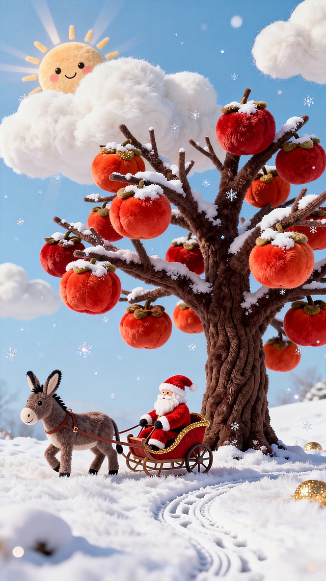 毛发生长风与软3D结合，卡通感十足的圣诞场景，柿子树挂满绒球果实，圣誕老人乘驴车穿行雪地，温馨梦幻，喜庆可爱。