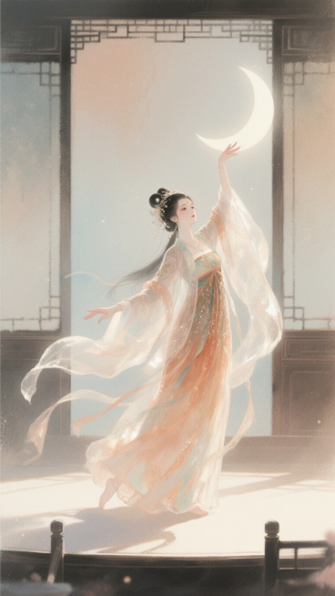 凌月姬在中式酒楼舞台上跳舞，画面朦胧清新有美感，服饰华丽，整体暖色调，湿画法淡彩风格预览效果