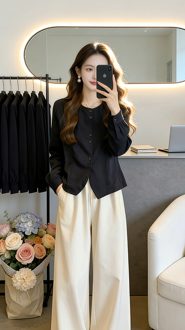 Model holds a phone in her left hand, poses directly at the camera with a soft, elegant smile. Right hand gently brushes the collar and shoulder of her top. Step forward one step. Right hand rests on waist, gently stretches the fabric to show elasticity (do not pull pants). Body turns left and right to display clothing details from both sides. Final pose: keep phone in left hand, right hand makes a clear peace sign (index + middle fingers extended, palm facing camera), smile remains elegant and confident. All movements are natural, fluid, and exude a sophisticated, high-end aesthetic