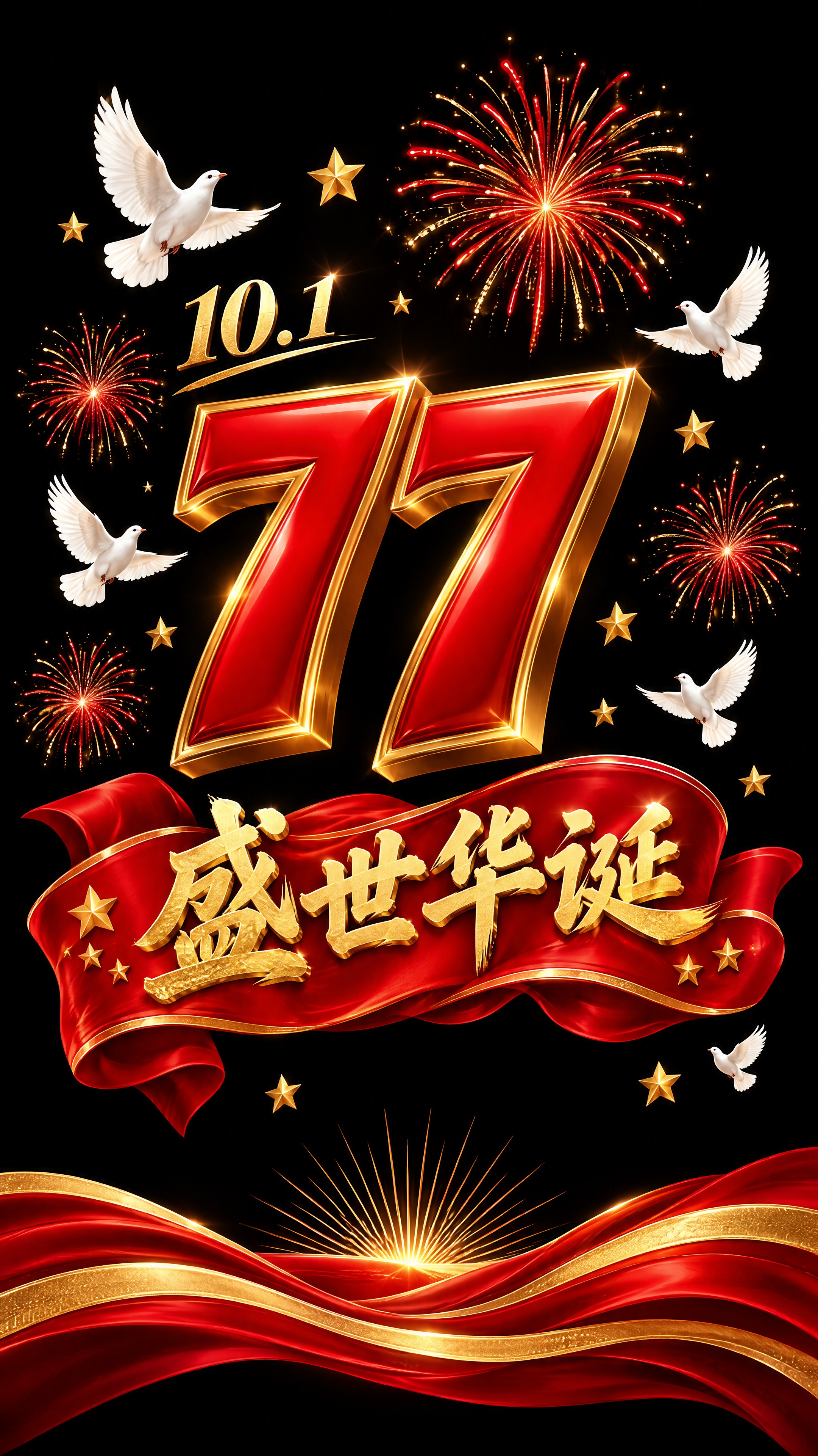 第3扇玻璃贴：黑色背景，画面中央是红色立体数字77配金色描边，… - 图片创意预览
