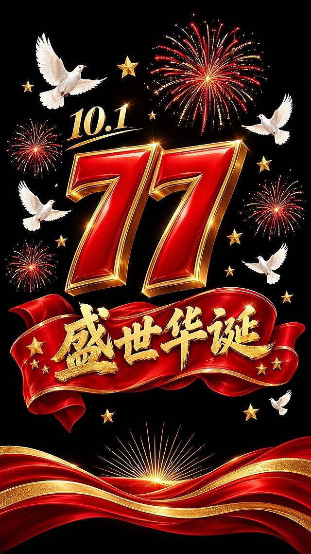 第3扇玻璃贴：黑色背景，画面中央是红色立体数字77配金色描边，数字上方有10.1金色字样，周围有白色和平鸽、金色星星、红色烟花装饰，下方是金色盛世华诞四个大字配红色丝带和金色星星，底部有红金双色波浪飘带，飘带上有小太阳光芒图案，高清精致，单扇独立完整画面
