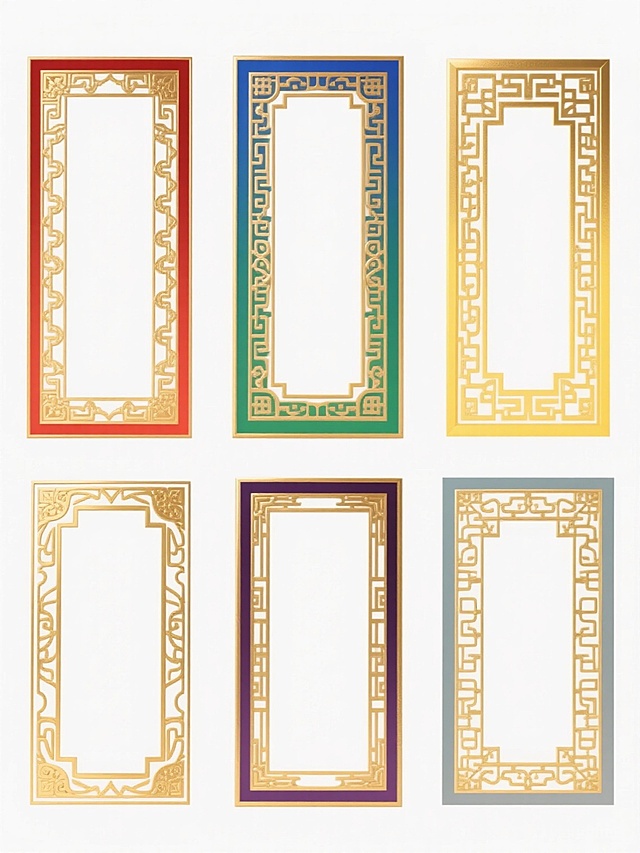 六个不同造型的金色中国风传统边框，每个边框都有独特的传统花纹装饰，线条流畅细腻，金色带有微妙的金属光泽和渐变效果，边框内部为纯白色，整体呈现出典雅、庄重的古典风格。六个边框以垂直等距的方式规整排列在纯白色背景上，每个边框的色彩分别变换为：正红色、宝蓝色、翠绿色、明黄色、深紫色和青灰色，保持原有的金色线条质感和传统花纹细节，整体构图对称平衡，具有浓厚的中国传统文化韵味和精致的设计感。