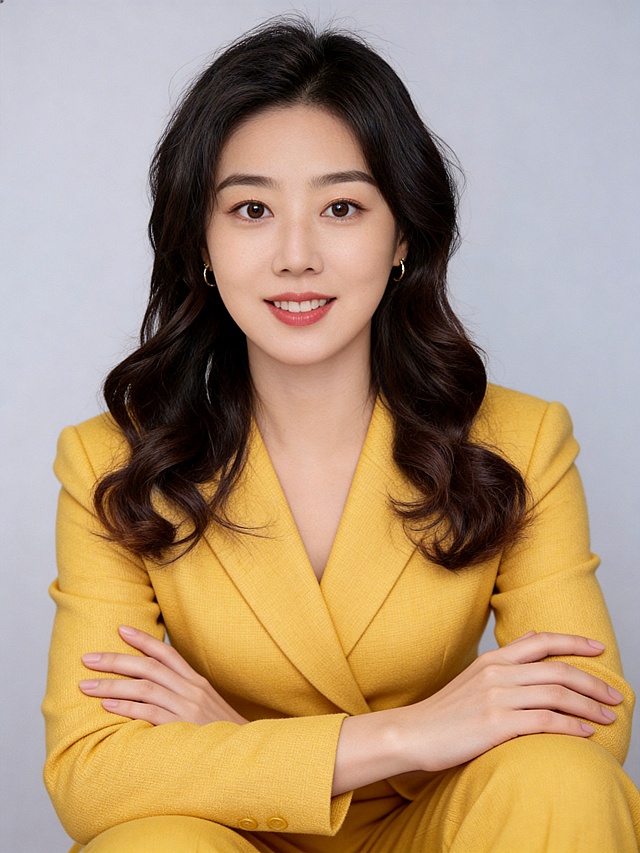 参考图中保留人物脸型、发型、年龄等特征生成职场形象照，保持人物不变，更换为黄色精纺羊毛混纺西装外套，西裤同色，更换不同手势和姿势，保留耳环，简约微微暖调浅灰色纯色背景，画质超高分辨率、细节清晰，现代精致感风格；肤质精细化处理；眼神直视镜头，目光坚定且澄澈，表情自然，嘴角上扬；肤色均匀，柔光美白细腻陶瓷肌肤，哑光肤质，肤色均匀提亮；杰作，最佳画质，超高细节，写实摄影，中近景人像，皮肤细腻通透，白皙清透皮肤，柔光，正面补光，画面干净清新，高清皮肤细节；面部光比1:1.5，4800K中性光，微微修饰脸型，肤质哑光细腻，面部雾面柔光，轻透裸肌感，真实毛孔纹理；分辨率4K，严格保留原人物特征