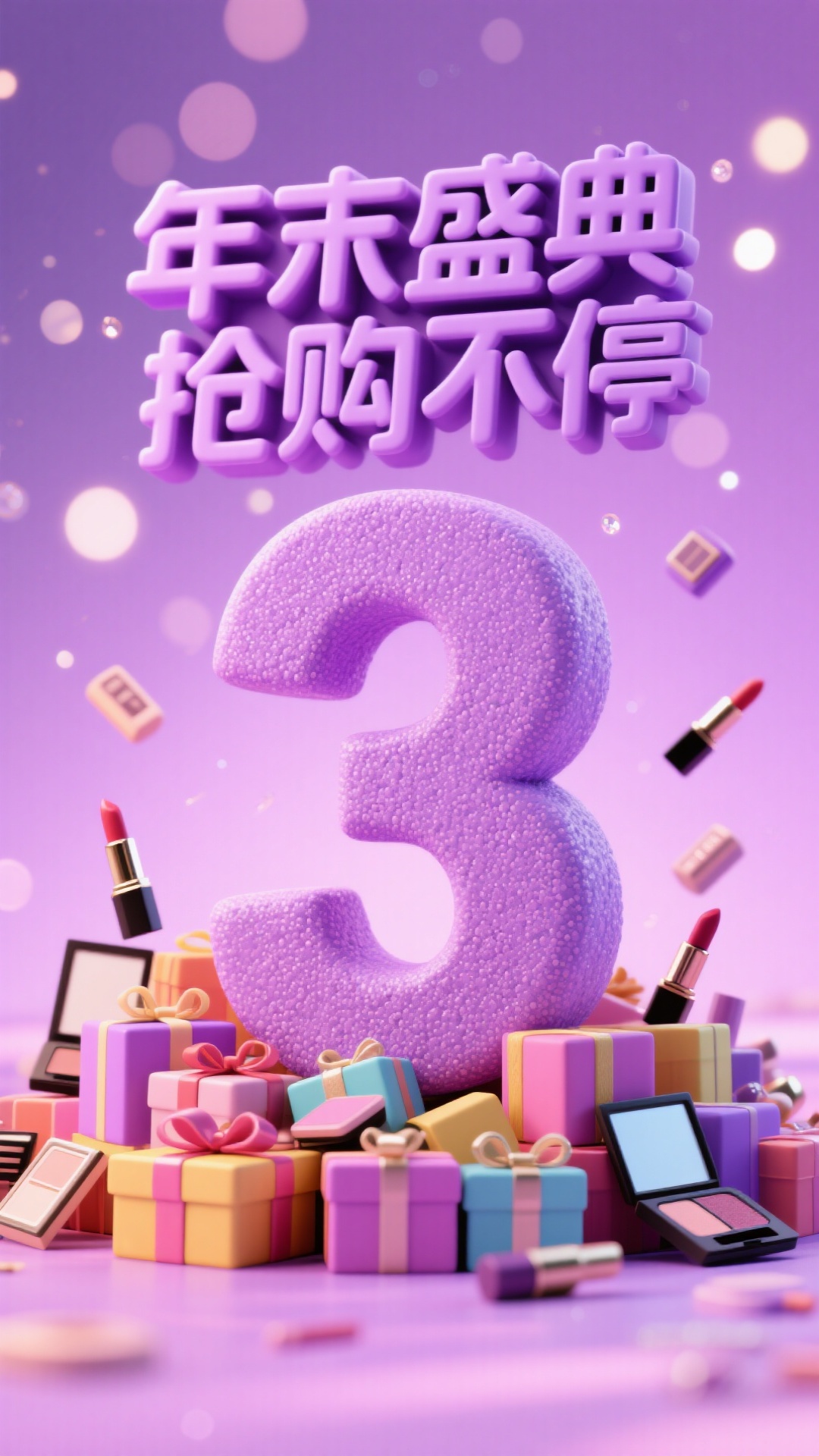 粘土材质的紫色数字 “3”，顶部设置 “年末盛典 抢购不停”… - 图片创意预览