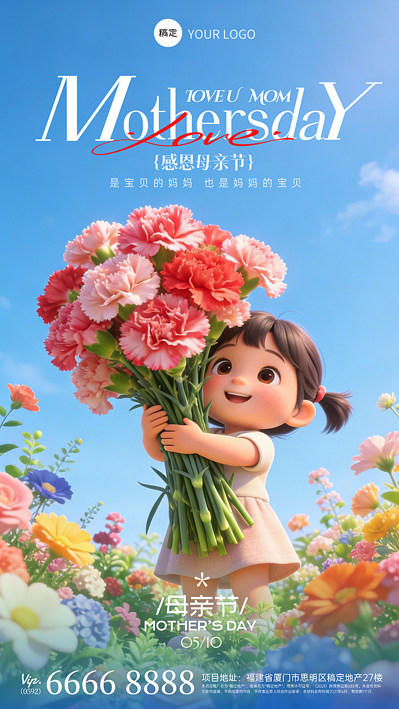 母亲节节日祝福软3D风格可爱女孩蓝色系竖版海报