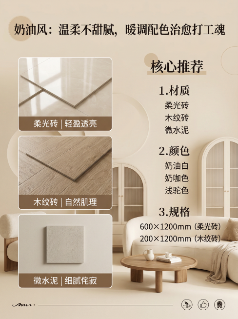 奶油风家装建材搭配海报，暖柔奶咖色背景，左侧展示柔光砖、木纹砖产品图，右侧标注核心推荐：材质（柔光砖、木纹砖、微水泥）、颜色（奶油白、奶咖色、浅驼色）、规格（600×1200mm柔光砖、200×120预览效果