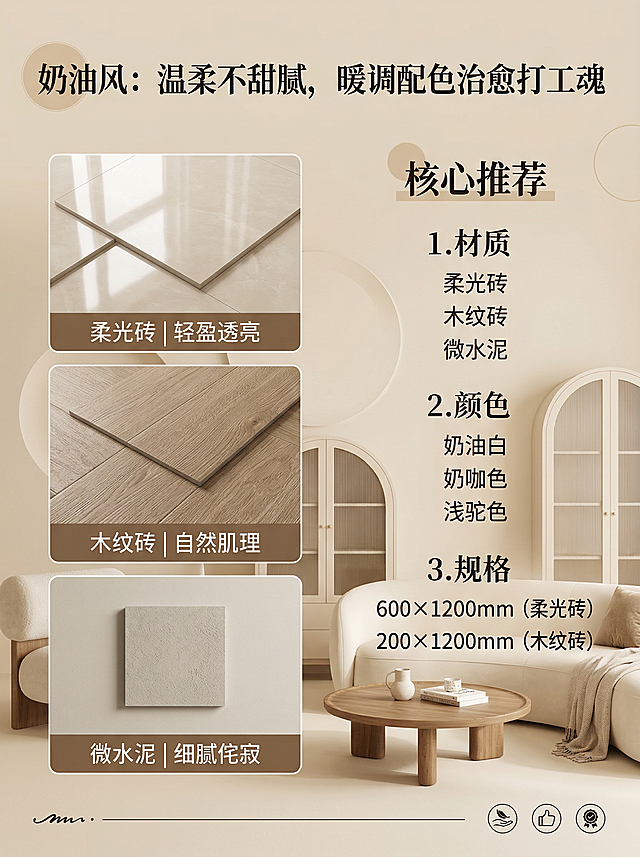 奶油风家装建材搭配海报，暖柔奶咖色背景，左侧展示柔光砖、木纹砖产品图，右侧标注核心推荐：材质（柔光砖、木纹砖、微水泥）、颜色（奶油白、奶咖色、浅驼色）、规格（600×1200mm柔光砖、200×1200mm木纹砖），顶部标题"奶油风：温柔不甜腻，暖调配色治愈打工魂"，搭配圆弧家具、棉麻元素，整体温暖治愈，高清质感