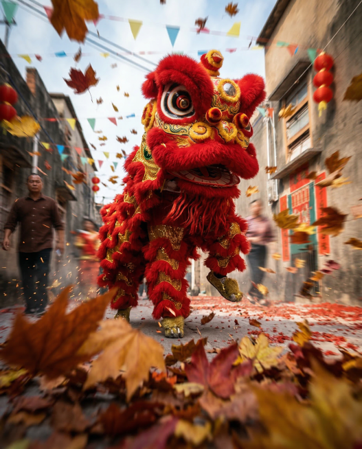 改成游戏CG风格，极具艺术感、震撼人心，色彩丰富，特写镜头，超高清。落叶飞溅，前景落叶虚化，动态模糊，背景动态虚化，光影交错，仰拍特写镜头，突出速度感和视觉冲击力，强透视预览效果