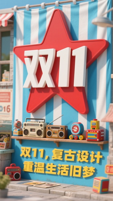 复古老广告风格的双11海报，背景是蓝白相间的条纹，类似旧时的广告布。海报上方有一个大大的红色五角星，五角星中间写着“双11”三个白色大字。五角星下方是一排复古的商品图片，如老式收音机、铁皮玩具等。海报预览效果