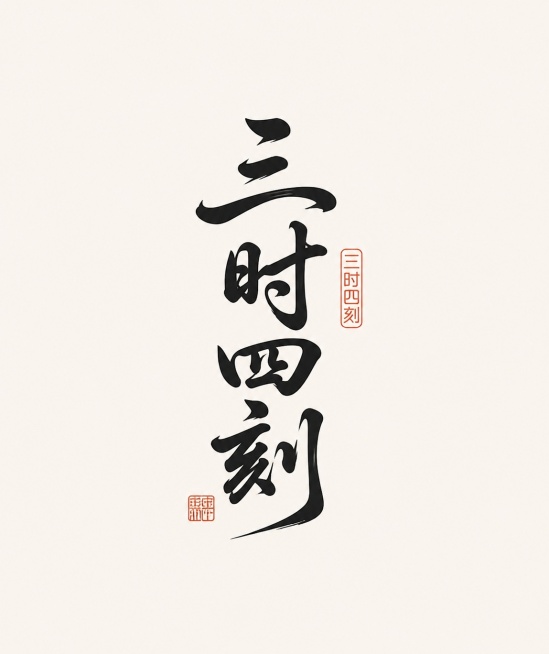 参考参考图的国风书法字体设计风格，设计文字“三时四刻”，米白色背景，黑色流畅书法字体搭配红色印章，简约国风设计预览效果