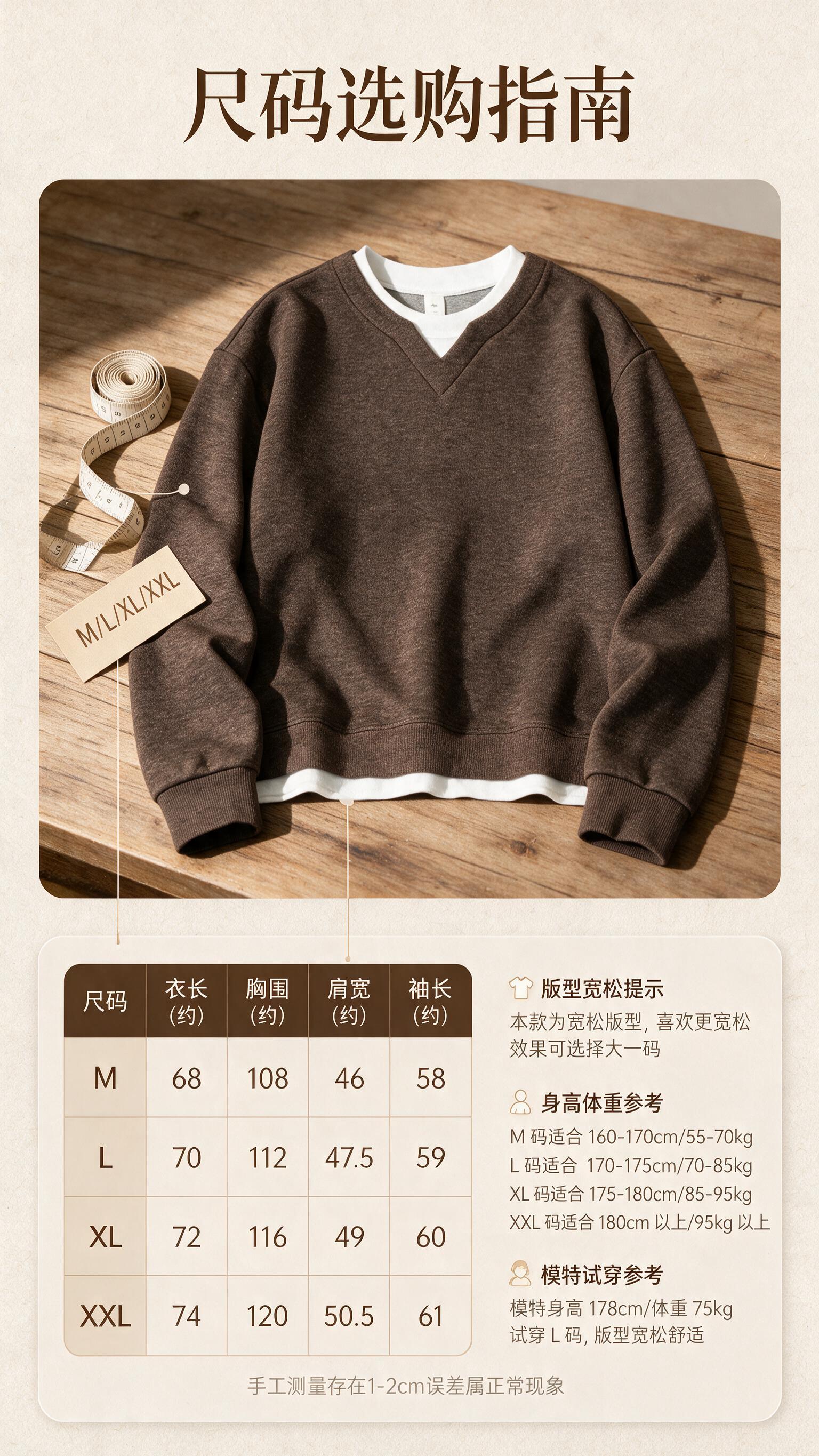 [商品] 使用【图1】咖色假两件V领撞色卫衣；商品处理：保留V… - 图片创意预览