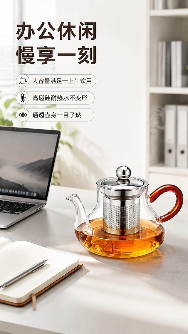 [第6屏] 办公场景展示，高硼硅泡茶壶放置于办公桌面展示使用场景，本屏使用【图1】作为产品主体。
[氛围/风格] 简约干净办公场景，清新明亮，现代职场氛围，高清商业质感。
[元素布局] 泡茶壶放置在浅色办公桌面右侧，占比约50%，旁边搭配笔记本电脑、简约笔记本和一支钢笔，桌面干净整洁，产品保持原有造型、结构、颜色一致。
[光影质感] 左侧窗边自然光，整体光线均匀柔和，桌面阴影自然，玻璃茶壶通透感突出，金属部分反光自然。
[配色色系] 全局底色 #F5F5F5，主色浅灰桌面，搭配电脑深灰和茶壶红色握柄点缀，整体清新简约。
[视角构图] 平视45度角，桌面场景满铺，产品在右侧视觉中心，阅读动线从左上桌面到右下茶壶。
[文字版式] 左上角主标题「办公休闲 慢享一刻」，下方三个圆角卖点「大容量满足一上午饮用」「高硼硅耐热水不变形」「通透壶身一目了然」，文字清晰不遮挡产品。
[比例分辨率] 9:16 竖版比例，4K分辨率，文字清晰可辨，高清画质。
[负向提示词] 产品变形，缺件错件，颜色偏差，文字错乱，文字过小，背景杂乱。