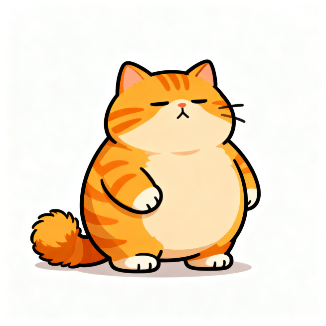 设计一个可爱圆润的胖橘猫IP主形象，橘黄色为主，性格慵懒憨厚，线条流畅卡通风格，适合作为品牌吉祥物，形象完整清晰预览效果