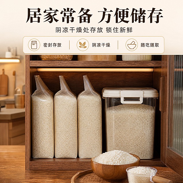 [商品] 籼稻大米，米粒修长洁白。
[画面] 页面目标：储存与包装展示，体现方便实用。构图：场景式，厨房储物柜里整齐摆放着几袋大米（素色包装袋，无品牌无logo），旁边还有装在米桶里的大米、量米杯。木质橱柜，暖调灯光，干净整洁的厨房收纳场景。主体占画面60%，前景米桶和量杯，中景袋装米和收纳格，后景虚化的厨房环境，3层景深。
[视觉] 套系策略：风格=中式家常烟火气商业摄影；标题字=粗宋黑体；正文字=简洁无衬线圆体；主色=暖米白+深木棕；背景延展=暖木棕橱柜+厨房暖调环境；强调色=稻穗金，仅用于小面积图标和引线；标题色=深棕黑；正文色=中暖棕；组件=圆角米白底信息卡、细金线引线；光影=柜内暖光，柔和均匀。
[文字] 画面上方主标题「居家常备 方便储存」，副标题「阴凉干燥处存放 锁住新鲜」，配3个小图标+短句：① 密封存放 ② 阴凉干燥 ③ 随吃随取。文字位于画面上方留白处，所有文字横向排版。不出现品牌名、logo、质量等级、极限词、滋补类文字。
[规格] 图片比例1:1方形，4K分辨率，抖音电商适配，避免变形、错字、文字过小、冷蓝背景、包装袋出现品牌文字。