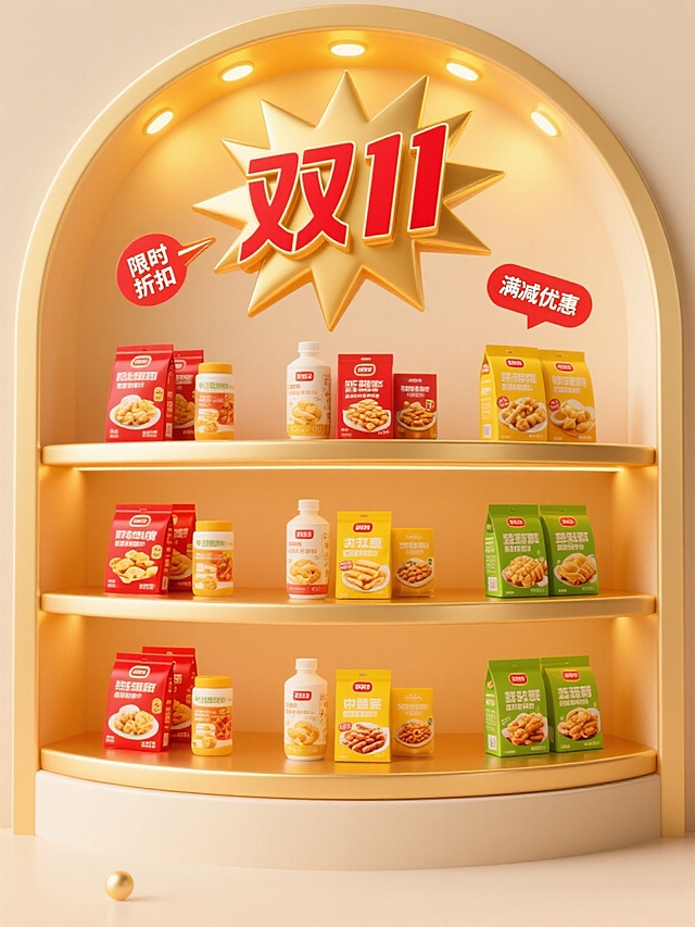 金色弧形货架为主体，三层结构，米色背景搭配顶部暖黄色灯光，货架上整齐摆放各类食品包装，包括红色系、黄色系、绿色系包装的零食和饮品，包装上有清晰产品图片和文字，整体呈现明亮、整洁、具有食欲感的3D渲染风格，顶部加入醒目的红色“双11”艺术字，搭配金色爆炸形促销标签，货架两侧或顶部可添加“限时折扣”“满减优惠”等促销文字，视觉层级分明，突出货架上的食品和“双11”促销信息，适合电商营销传播的食品促销海报设计。