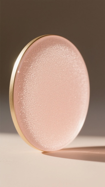 一个具有磨砂质感的半透明椭圆形物体，表面布满细密均匀的颗粒纹理，整体呈现柔和的暖粉色调，边缘有一圈精致的淡金色描边，光线从左上方照射，在右侧形成自然的阴影过渡，营造出温馨优雅的氛围。预览效果