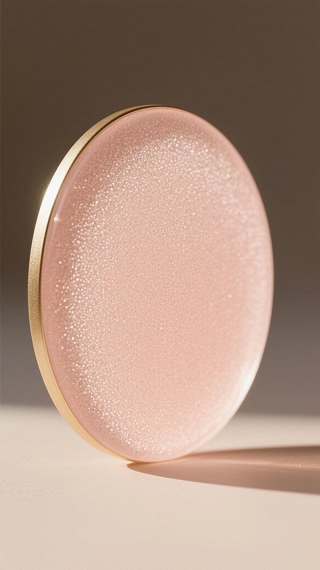 一个具有磨砂质感的半透明椭圆形物体，表面布满细密均匀的颗粒纹理，整体呈现柔和的暖粉色调，边缘有一圈精致的淡金色描边，光线从左上方照射，在右侧形成自然的阴影过渡，营造出温馨优雅的氛围。