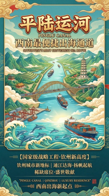 国潮风格高端房地产海报，主题是“平陆运河 西南最便捷出海通道”。画面整体大气稳重对称，具有鎏金质感，主色调为青绿色加金色，点缀红色。画面包含平陆运河航道、大船出海、钦州三娘湾海豚、钦州港大桥、白石湖塔预览效果