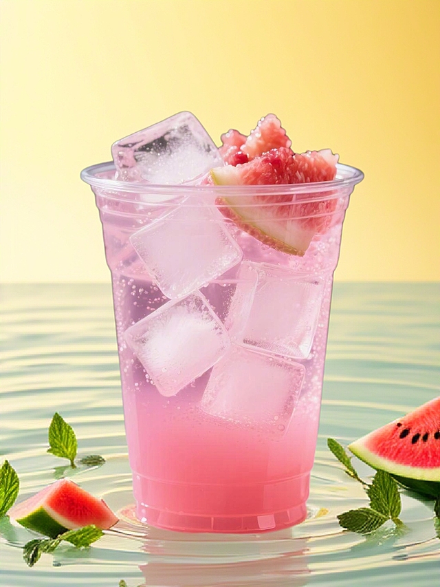 产品放置在水波纹，上面有散落的切块西瓜，漂浮薄荷叶与气泡，背景浅黄粉渐变