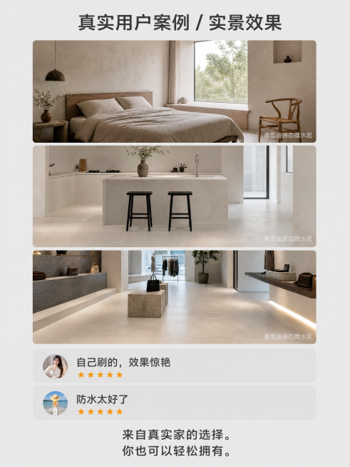 [第14屏] 用户案例页-真实实景效果展示。
[氛围/风格] 真实实景风，高质量家居摄影，自然温馨，突出实际应用效果。
[元素布局] 页面上半部分采用三图竖向排列布局，展示三张真实实景案例：第一张侘寂预览效果