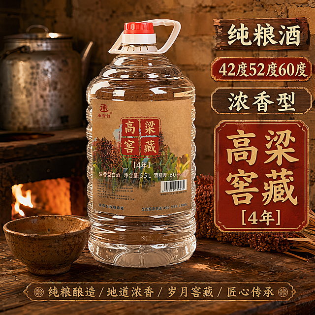基于原图，优化文字排版，让卖点文字"纯粮酒"、"42度52度60度"、"浓香型"、"高粱窖藏"更加醒目突出，调整文字层级和对比度，保持怀旧东北乡村灶台风格，产品本体不变，1:1比例，提升整体视觉层次感，文字清晰易读不遮挡主体产品。