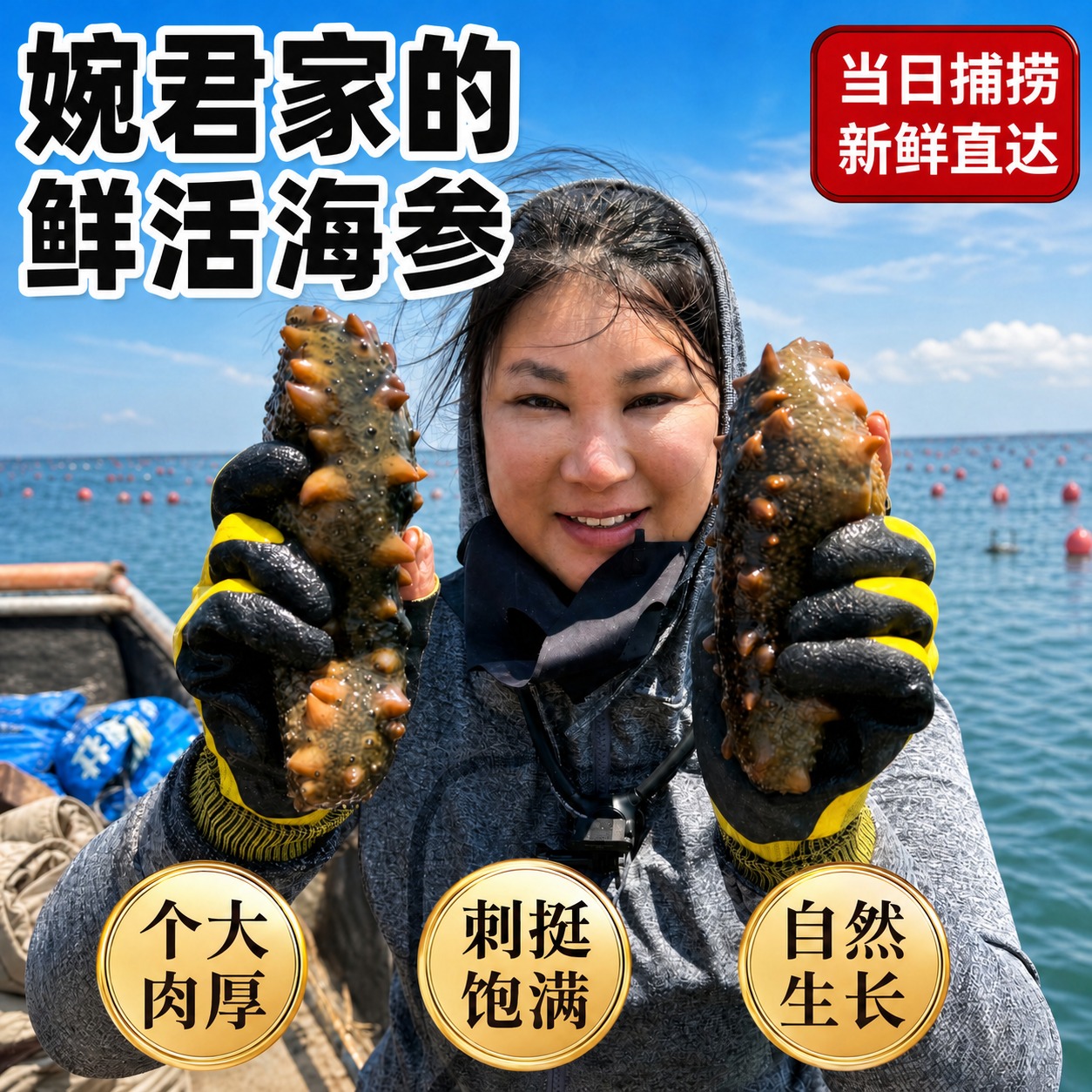 将顶部主标题"海参姐家的鲜活海参"更新为"婉君家的鲜活海参"，… - 图片创意预览