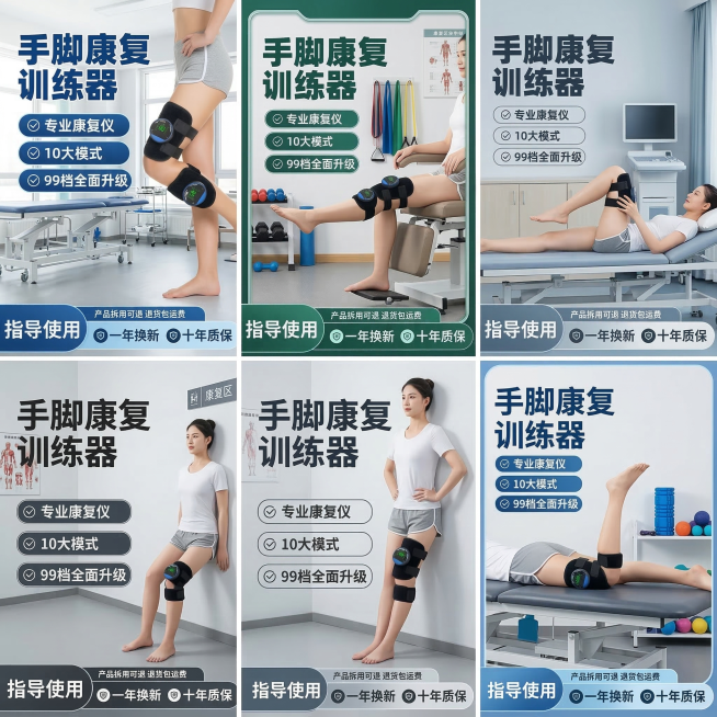 修改这张康复训练器宣传图：保留康复训练器产品原样，模特腿部动作改为不同的康复训练动作，模特皮肤增白自然，背景替换为明亮的医院或康复中心室内场景，卖点文字内容完全不变，修改文字颜色和框架模板为更专业的医预览效果