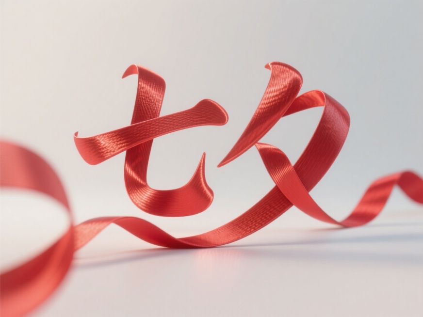 一组用红色绸缎缠绕而成的中文字“七夕”，每个字都由绸缎巧妙地弯曲和缠绕构成，字体飘逸秀丽，线条流畅，增强了立体感和视觉冲击力。整体风格简约而现代，光线均匀分布，营造出一种干净、清晰的氛围。文字的排布方预览效果