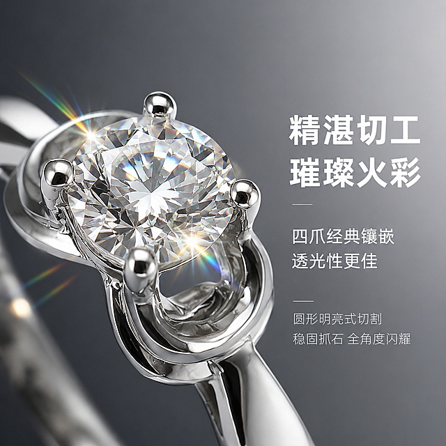 1:1 正方形电商主图第二张，简约轻奢风格 - 细质轻奢风，深灰到浅灰渐变高级背景，画面主体为严格还原的产品图戒指主石超特写放大，严格保留四爪镶嵌结构、圆形主石每一个刻面细节、扭臂衔接处等所有细节，主石占据画面核心位置，侧光照射形成七彩火彩光斑与星芒效果，直观展现切工闪耀度。字体采用简约高级风格 - 无衬线极简文字与粗细对比排版，画面右侧文字区域上下排列，主标题「精湛切工 璀璨火彩」加粗醒目，副标题「四爪经典镶嵌 透光性更佳」字号次之，下方两行小字：「圆形明亮式切割」「稳固抓石 全角度闪耀」。左图右文分栏布局，卖点可视化强烈，整体通透高级，突出主石品质。