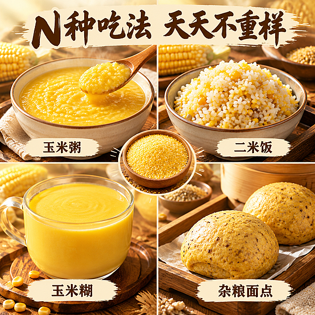 [主图-6] 多样吃法 玉米粥 二米饭 玉米糊 杂粮面点。
[统一基调] 淘宝/天猫粮油米面风格 自然暖阳逆光 暖黄+米白+深木棕配色 主标题用粗笔刷书法厚重字 米白字加轻微阴影 辅助文案用清爽黑体 整体专业品质有食欲感 无平台Logo无水印。
[画面] 四宫格布局 四个小画面分别展示不同吃法 左上一碗金黄玉米粥 右上一碗玉米二米饭（大米混玉米糁焖的饭） 左下一杯细腻玉米糊 右下两个玉米杂粮馒头 四个画面中间用一小碗生玉米糁作为中心连接 背景都是暖调木质餐桌 整体丰富多样 激发购买联想。
[光影质感] 每个小画面都有自然暖光 食物表面有光泽 整体统一明亮 商业美食摄影质感。
[配色] 主色金黄+米白+木色 标题深棕色 每个小图下方有小字标注吃法名称。
[文字版式] 画面顶部居中 主标题粗笔刷书法体「N种吃法 天天不重样」 四个小画面下方分别标注「玉米粥」「二米饭」「玉米糊」「杂粮面点」 字体统一为清爽黑体。
[输出要求] 1:1正方形 2048px 文字清晰可读 各食物真实有食欲 禁止变形 错字 模糊 水印 平台Logo 禁止绝对化用语。