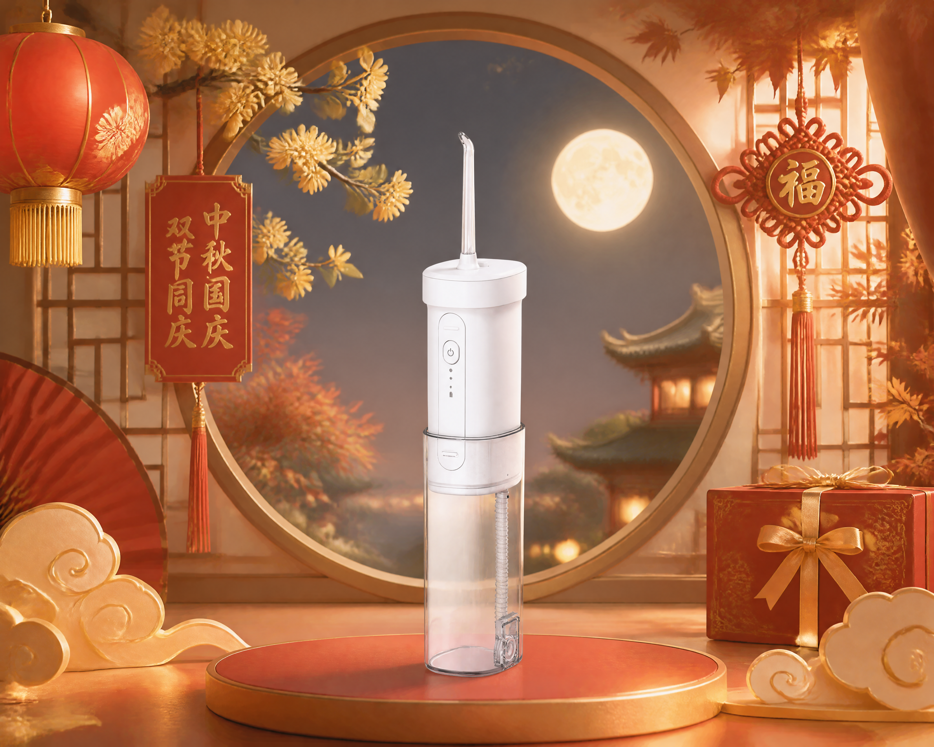 将图中的白色冲牙器产品放置在画面正中间，产品尺寸不要过大，占画… - 图片创意预览