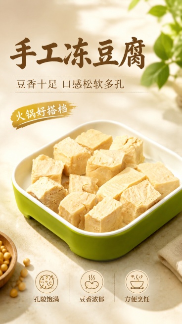 这是一张餐饮冻豆腐产品海报，9:16竖版。画面主标题为"手工冻豆腐"，副标题为"豆香十足 口感松软多孔"，装饰文案为"火锅好搭档"，卖点为"孔隙饱满"、"豆香浓郁"、"方便烹饪"。主视觉是绿白方盘盛放预览效果