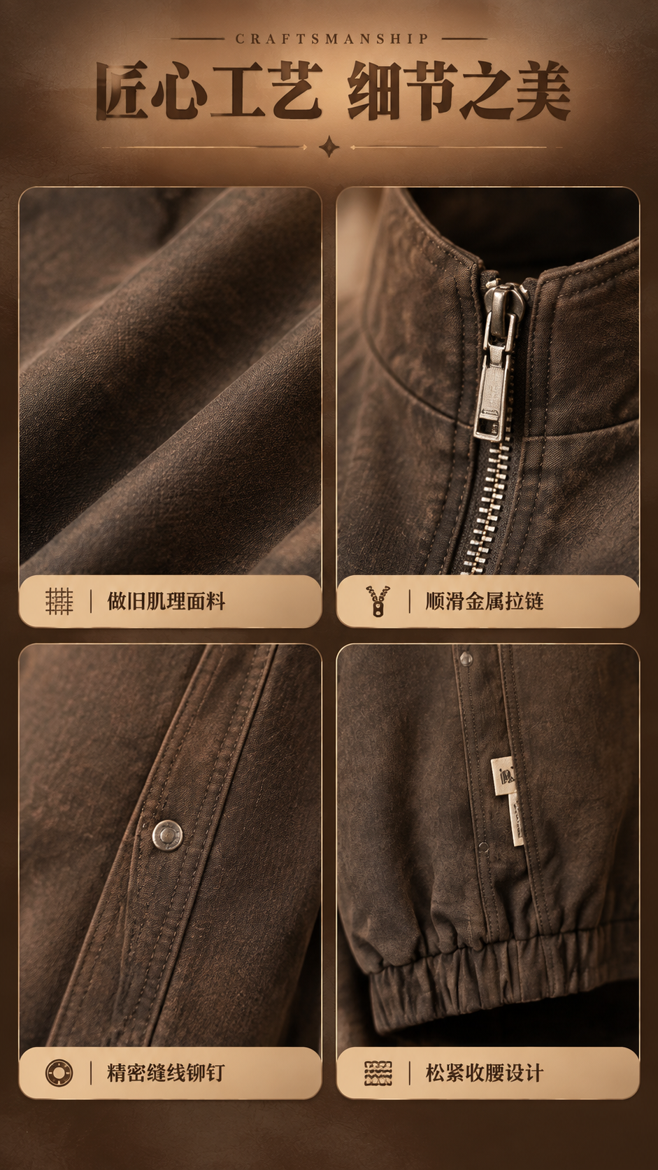 [商品] 使用【图1】深棕色复古做旧立领短款夹克；商品处理：保… - 图片创意预览