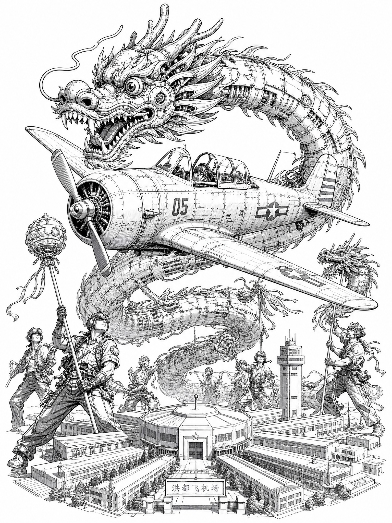 城南龙灯与洪都飞机场结合的比赛作品插画，偏现代机械风格，画面中… - 图片创意预览