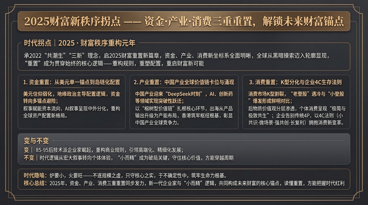 # 知识卡片制作核心文案（高端质感版）
卡片定位：立足2025财富新秩序拐点，以“重置”为核心脉络，打造兼具专业深度、视觉质感与传播性的高端知识卡片，适配高端圈层、投资者、企业家及行业研究者，浓缩核心预览效果