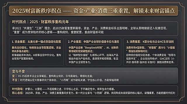 # 知识卡片制作核心文案（高端质感版）
卡片定位：立足2025财富新秩序拐点，以“重置”为核心脉络，打造兼具专业深度、视觉质感与传播性的高端知识卡片，适配高端圈层、投资者、企业家及行业研究者，浓缩核心逻辑，彰显认知高度，实现“一眼抓重点、一卡悟本质”。
## 整体调性
极简大气·专业通透·高阶质感，拒绝冗余堆砌，以精准文字承载核心认知，搭配低饱和高级配色（推荐深灰底、金棕线条、雅灰字体），凸显财富领域的沉稳与前沿感，每一处文字排布都贴合“高端知识可视化”核心，兼顾专业性与美学感。
## 分模块制作文字（适配卡片排版，可直接用于设计）
【标题栏】（加粗烫金质感字体，居中排布）
2025财富新秩序拐点 
—— 资金·产业·消费三重重置，解锁未来财富锚点
【核心背景】（标题用金棕细线条点缀，文字左对齐，简洁有力）
时代拐点｜2025 · 财富秩序重构元年
承2022“共潮生”“三新”理念，启2025财富重置新篇章，资金、产业、消费新坐标系全面明晰，全球从黑暗摸索迈入轮廓显现，“重置”成为贯穿始终的核心逻辑——重构规则，重塑配置，重启财富新可能。
【三大重置核心】（分点清晰，每部分标题加粗，核心句突出，体现层次感）
1. 资金重置：从美元单一锚点到岛链化配置
美元信仰弱化，地缘政治主导配置逻辑，资金转向多锚点避险；叙事赋能资本流向，AI叙事呈现中外分化，重构全球资产配置新格局。
2. 产业重置：中国产业全球价值链卡位与涌现
中国产业迎来“DeepSeek时刻”，AI、创新药等领域实现突破性跃迁；以“榕树型价值链”扎根核心环节，出海从产品输出升级为产能布局，香港筑牢枢纽根基，彰显中国产业全球竞争力。
3. 消费重置：K型分化与企业4C生存法则
消费市场K型割裂，“老登股”遇冷与“小登股”爆发形成鲜明对比；后物质价值观分层渗透，个体消费呈现“极简与极致共生”；企业告别传统4P，以4C法则（小共识·微场景·强共创·长复利）拥抱消费新变革。
【变与不变】（轻量排版，用浅灰分隔线与上一模块区分，凸显思辨感）
变｜85-95后技术派企业家崛起，重构商业规则，引领高端化、精细化发展；
不变｜时代逻辑从宏大叙事转向个体体验，“小而精”成为破局关键，守住核心价值，方能穿越周期。
【时代隐喻与总结】（卡片底部，加粗收尾，升华主题，适配高端认知传递）
时代隐喻：炉要小，火要旺——不逐规模之虚，只守核心之实，于不确定性中，筑牢生命力根基。
核心总结：2025年，资金、产业、消费三重重置同步发力，新一代企业家与“小而精”逻辑，共同构成未来财富的核心锚点，读懂重置，方能把握时代红利。