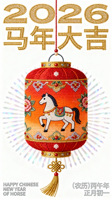 主体是红到橙渐变的圆柱形中式灯笼（表面饰有小马和宝相花纹图案），顶部配挂环与装饰珠，底部带金色饰边、中国结装饰及流苏，周围环绕柔和光晕。上下留白，左右留白，不要撑满整个画面。色调为纯白背景+ 红到橙渐预览效果