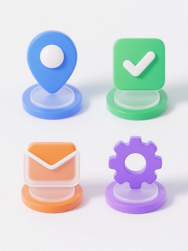 四个具有高度统一3D玻璃拟态风格的图标集合，每个图标均为简洁的几何造型，配有半透明渐变的主体、白色高亮圆点和纯色圆形底座，整体呈现柔和的光泽感与轻微阴影。图标元素分别为：1. 蓝色定位标记，2. 绿色对勾符号，3. 橙色信封图案，4. 紫色齿轮形状。所有图标规整排列于纯白背景上，保持相同大小和间距，色彩鲜明且风格一致，无任何文字、二维码及多余装饰元素。