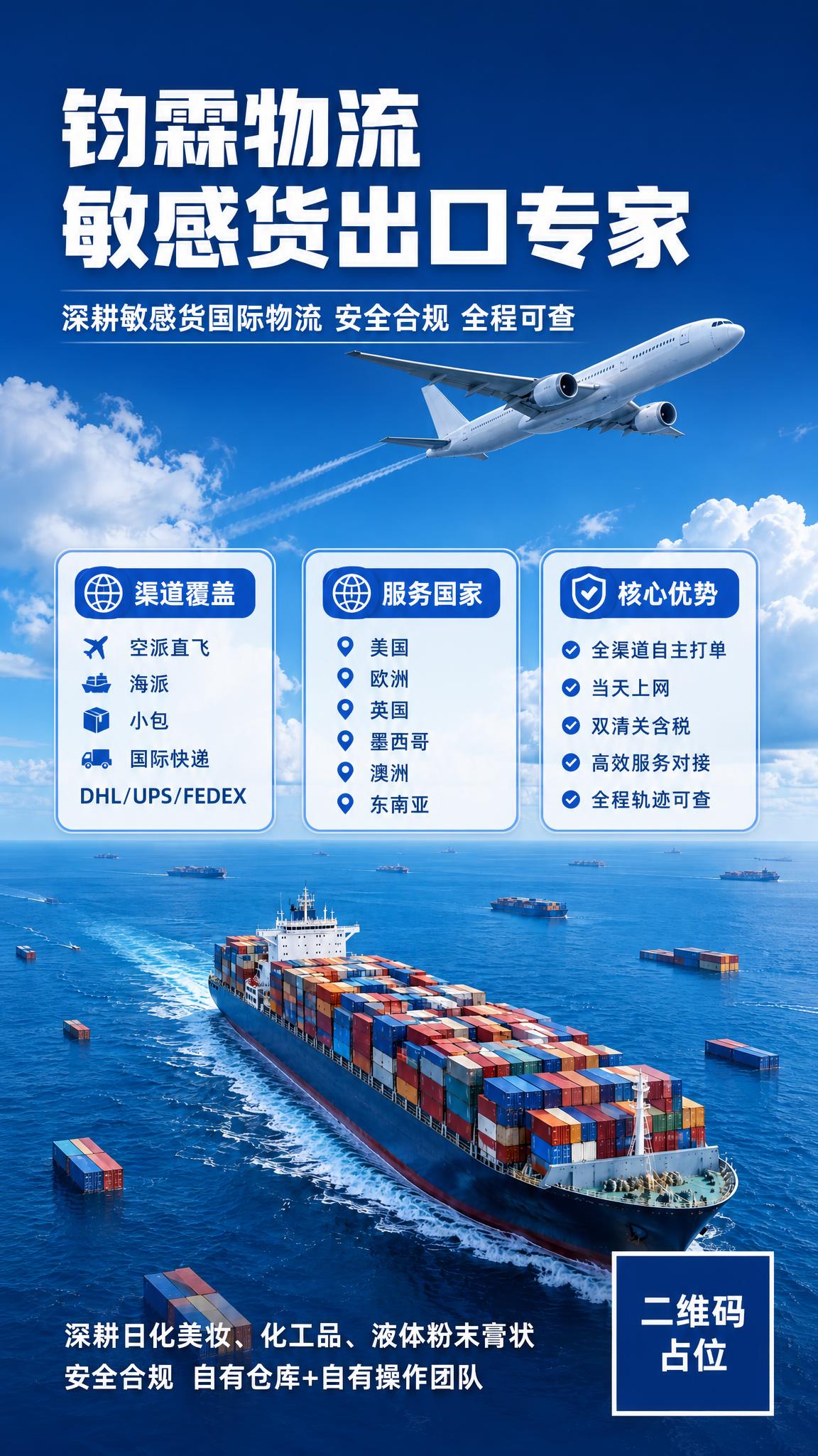 跨境物流宣传海报，竖版9:16，背景为晴朗蓝天白云下的海面，天… - 图片创意预览