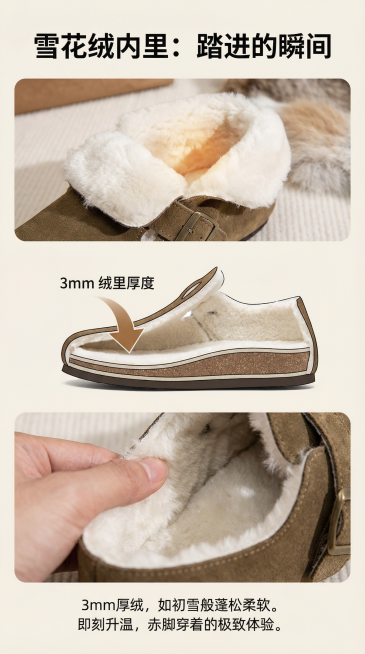 【材质深度解析 - 内】

视觉： 1. 翻口特写展示丰厚绒里；2. 剖面示意图展示绒里厚度；3. 手部触摸感受的动态抓拍。

文案标题： 「雪花绒内里：踏进的瞬间」

辅助文案： 3mm厚绒，如初雪预览效果