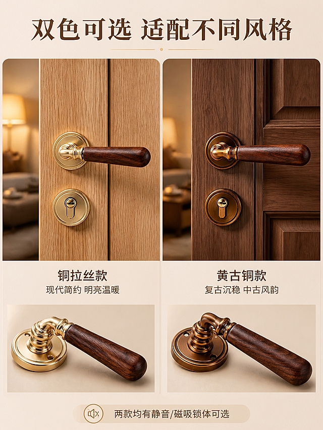 [商品] 使用【图1】双色门锁（铜拉丝款+黄古铜款）；保留两款颜色外观、胡桃木握柄、黄铜底座结构、分体式设计；增强金属质感和木纹清晰度，去除原图文字标签。
[画面] 目标：多色选型展示，双色对比+不同门板适配效果。构图：左右分栏对比，左侧铜拉丝款配浅橡木色平板门，右侧黄古铜款配深胡桃木色造型门；每侧上方为门板安装效果图（门板占每侧约60%），下方为门锁单品特写。景别：上半部分中景安装效果，下半部分近景单品细节。背景：浅米色统一背景，中间用细铜色线条分隔左右两区。阅读动线：顶部标题→左区铜拉丝→右区黄古铜→底部选型提示。
[视觉] 套系策略：风格=中古风品质商业摄影，京东专业稳重调性；标题字=思源宋体粗体，典雅有质感；正文字=思源黑体常规体，清晰易读；主色=暖棕金色系（深胡桃木棕+铜金色）；背景延展=基于暖棕金做深浅层级、同色渐变和细腻木纹/金属质感；强调色=暖铜金，仅用于小面积图标、引线、标签高亮；标题色=深棕近黑；正文色=中暖棕；组件=圆角浅棕信息卡、细铜色引线、简约线性图标；光影=左右两侧统一暖柔光，金属质感真实，木纹清晰自然。
[文字] 顶部主标题「双色可选 适配不同风格」；左区标注「铜拉丝款」+副标题「现代简约 明亮温暖」；右区标注「黄古铜款」+副标题「复古沉稳 中古风韵」；底部小字说明「两款均有静音/磁吸锁体可选」；文字不遮挡产品主体，排版整齐。
[规格] 图片比例3:4竖版，4K分辨率，避免变形、错字、文字过小、冷蓝/冷灰背景、产品颜色失真、结构变形、水印、平台Logo、绝对化用语。