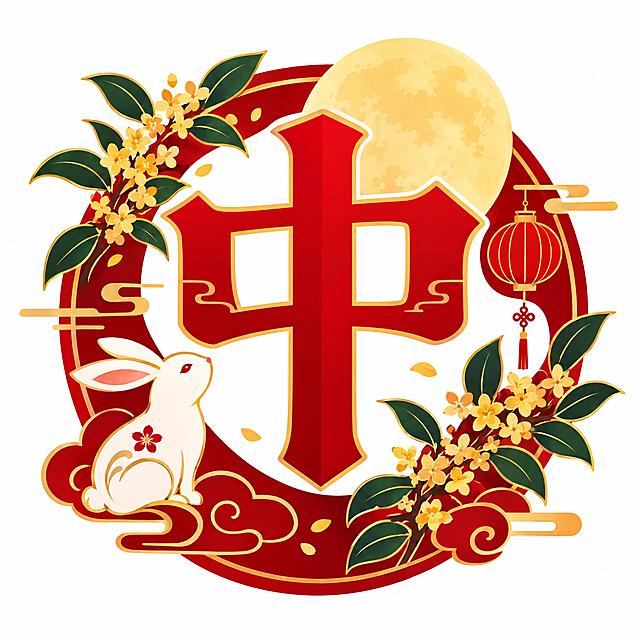中秋节商城小图标，中心是一个大大的红色'中'字，字体端庄大气有设计感，周围环绕着圆月、玉兔、桂花枝等中秋传统元素装饰，整体红色喜庆风格，中国红为主色调，搭配深红色和金色点缀，扁平化设计，简洁现代，适合电商商城使用，白色背景，图标清晰精致，矢量风格，传统节日韵味