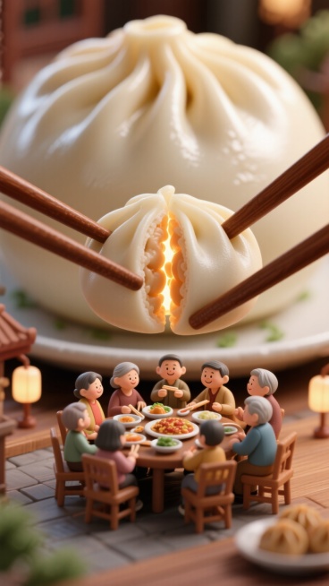巨型小笼包，小笼包质地光滑，略带光泽感，画面中央有一双筷子夹着小笼包，筷子棕色，表面光滑，小笼包从侧面切开，露出暖色灯光，小笼包里一幅温馨的画面呈现出来，一家大家子团团圆圆有说有笑的坐在小笼包里吃团圆预览效果