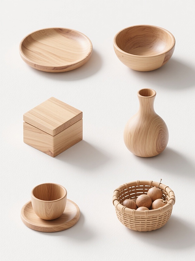 六个不同形态的原木家居用品（包含木碗、木盘、木盒、木杯垫、木花瓶、木果篮），每个物品均展现清晰的浅色橡木纹理，表面光滑有自然光泽，采用3D渲染风格，置于纯白色纯色背景上，整体呈现简约、现代、北欧的设计感，六个物品呈规整网格状排布，彼此间距均匀，光线从左上方柔和照射，投射出浅淡自然的阴影，强调木质的温润质感与细腻肌理。