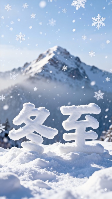 画面视觉中心为白雪组成的“冬至”大字，远山雪顶，雪花飘飘预览效果
