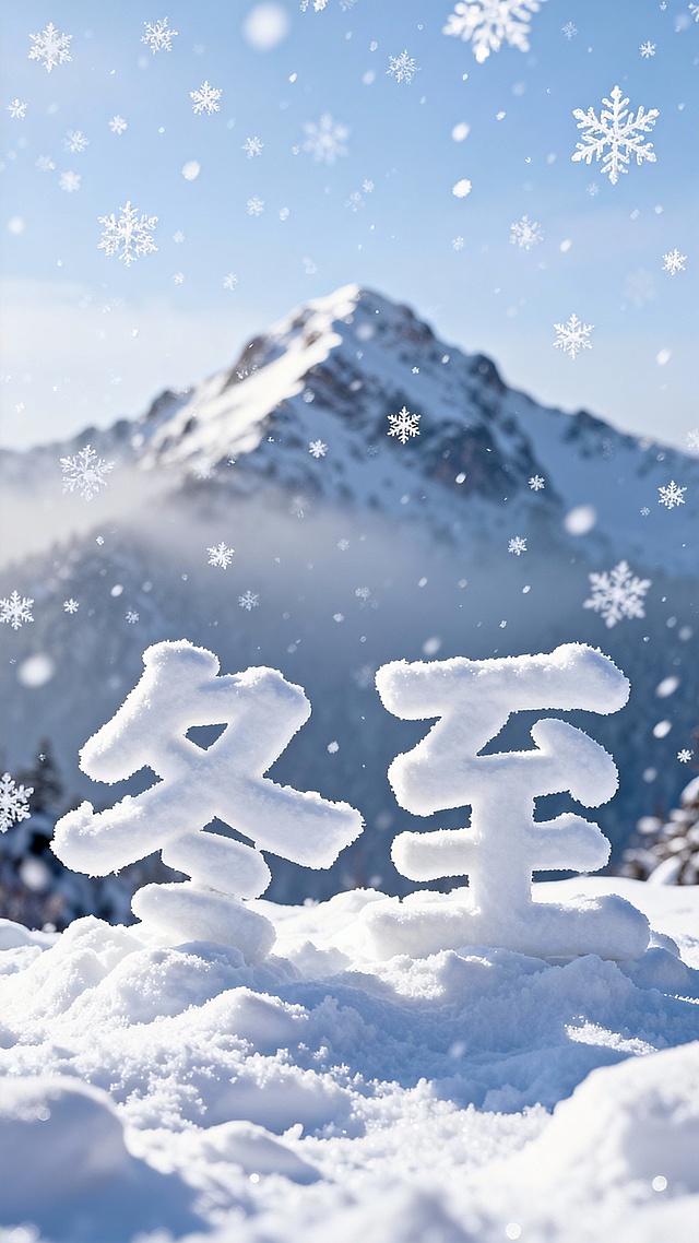 画面视觉中心为白雪组成的“冬至”大字，远山雪顶，雪花飘飘