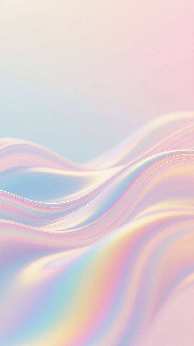 一张具有柔和渐变效果的背景图，整体呈现出梦幻般的色彩过渡，以淡粉色、浅蓝色、浅黄色为主色调，色彩明亮且和谐。画面中充满了流动感的波浪线条，线条边缘柔和模糊，呈现出细腻的光泽感和丝绸般的顺滑质感。光影运用上，光线均匀柔和，没有明显的阴影，高光部分呈现出微妙的彩虹般炫彩效果，营造出宁静、梦幻、治愈的氛围。背景中融入了改变纹路的炫彩元素，这些炫彩纹路与整体的波浪线条相融合，呈现出更加丰富的色彩变化和层次感，纹路的色彩过渡自然流畅，与原有的柔和色调完美结合，既保持了整体的和谐统一，又增添了细节的丰富性。整个画面构图简洁大方，没有多余的元素干扰，视觉焦点集中在色彩的流动和炫彩纹路的变化上，给人一种舒适、放松的视觉体验。